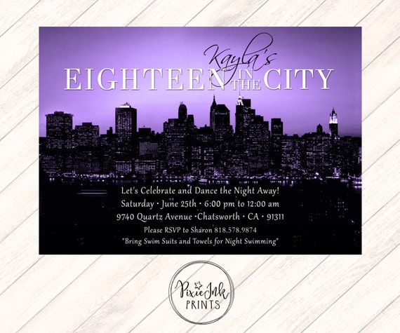 Purple City Skyline Invitation Printable Adult Birthday Skyline Invitation Purple Skyline Invitation Eighteen in the City Invitation