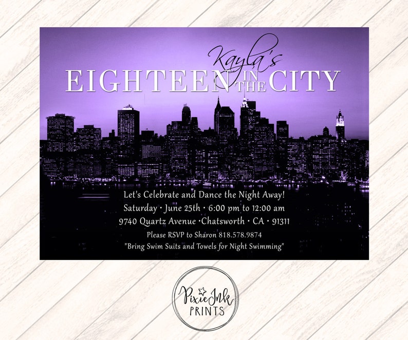 Purple City Skyline Invitation Printable Adult Birthday Skyline Invitation Purple Skyline Invitation Eighteen in the City Invitation