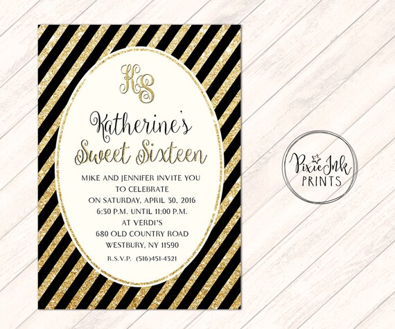 black gold glitter invitation black and gold sweet 16 etsy