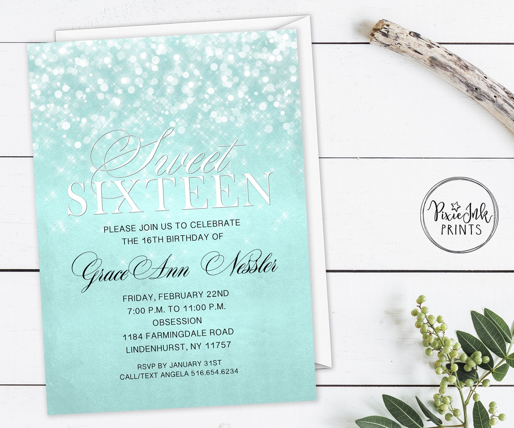 Sweet 16 Invitation Mint Green Sweet 16 Invite Glitter Etsy