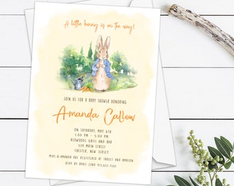 Peter Rabbit Baby Shower Invitation, A little bunny is on the way Baby Shower Invitation Rustic Baby Shower Neutral Baby Sprinkle Invitation