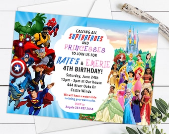 May include: A colorful invitation for a 4th birthday party featuring superheroes and princesses. The invitation includes the names Nate and Emerie, the date and time of the party, and the address. It also mentions a water slide and asks guests to bring swimsuits.