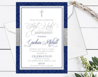 Navy Communion Invitation Boys First Holy Communion Digital Invitation Template Printable, Navy and Silver