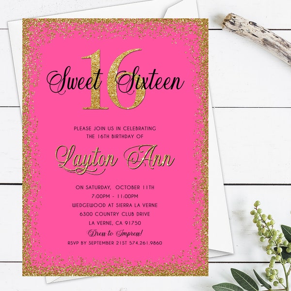 Gold Glitter and Pink Sweet 16 Invitation, Hot Pink Sweet 16 Invite, Glitter Birthday Invitation, Pink Printable Sweet Sixteen