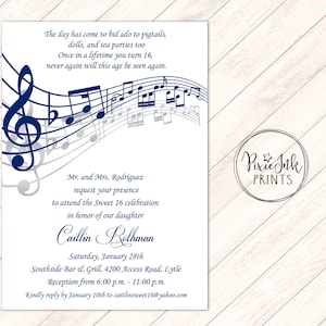 Invito con note musicali, festa musicale, invito con spartiti, invito con note musicali dolci 16, invito stampabile, festa di compleanno musicale