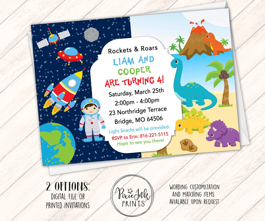 Rockets & Dinosaurs Invitation, Split Birthday Invitation, Split ...