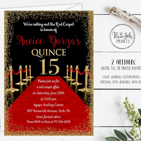 Red Carpet Quinceañera Hollywood Party Invite, Red Carpet Party Invitation, Hollywood Printable, Red Carpet Birthday Party, Red & Gold Star