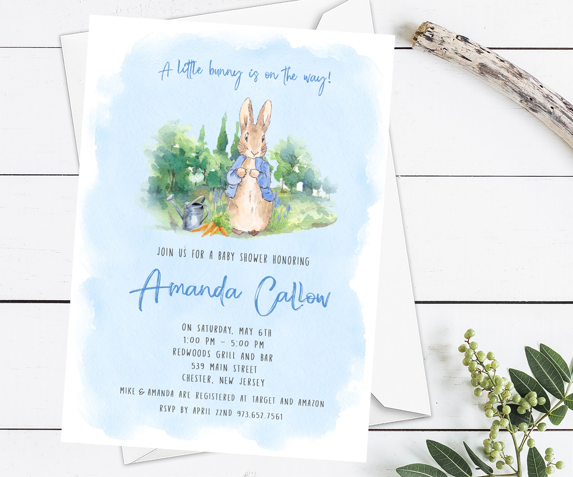 Peter Rabbit Baby Shower Invitation A little bunny is on the way Baby Shower Invitation Rustic Baby Shower Blue Baby Sprinkle