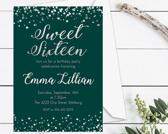 Sweet 16 Invitation, Emerald Green Sweet 16, Emerald & Silver Birthday Invitation, Emerald Green Invitation, Sweet Sixteen Party