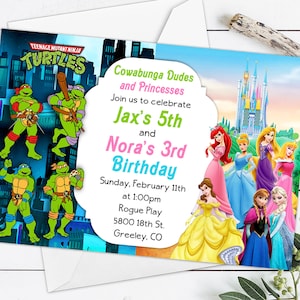 Princess Party & Turtle Invitation, Split Birthday Invitation, Split Birthday Invitation, Twin Invitation Printable, Joint Birthday Invite