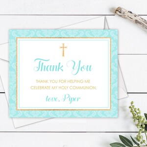 Comunión Gracias Tarjeta Turquesa y Oro, Primera Comunión Gracias, DIY Comunión Imprimible, Plantilla de Descarga Digital Gracias