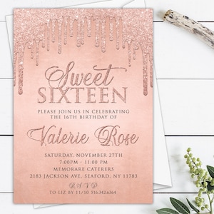 Rose Gold Glitter Drips Sweet 16 Invitations, Sweet Sixteen Rose Gold Modèle d’invitation numérique imprimable
