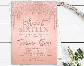 Rose Gold Glitter Drips Sweet 16 Invitations, Sweet Sixteen Rose Gold Digital Invitation Template Printable