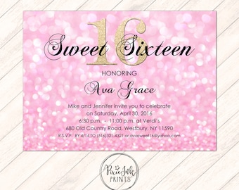 Pink & Gold Sparkle Sweet 16 Invitation, Pink Sweet 16 Invite, Glitter Birthday Invitation, Pink Sparkle Invitation, Printable, Sweet 16