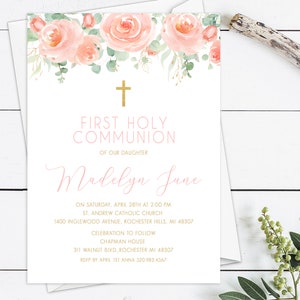 Girls Communion Invitation, Blush and Gold Communion Digital Invitation Template Printable, First Holy Communion Invite