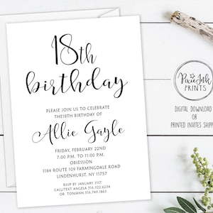 18th Birthday Party Invitation, Simple Black and White Invitation, Mens Birthday Invitation, Adult Birthday Invitation, 18th Birthday Party
