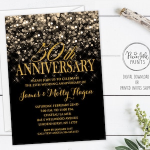 Schwarz und Gold Jubiläums-Einladung, Hochzeitstag-Party-Einladung, 50. Hochzeitstag-Einladung, Goldene Jahrestags-Party
