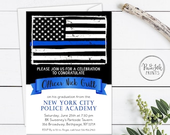 Police Party Graduation Invitation with Thin Blue Line American Flag Design, Police Academy Graduation Invitation, Digital File, Printable