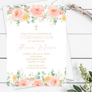 Girls Confirmation Invitation, Pink and Gold Confirmation Invitation, Floral Confirmation Invitation Template Printable Digital File