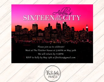 Sixteen in the City Invitation, Skyline Sweet 16 Invite, Fuschia Birthday Invitation, City Sweet Sixteen Invitation, Printable