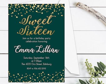 Sweet 16 Invitation, Emerald Green Sweet 16, Emerald & Gold Birthday Invitation, Emerald Green Invitation, Sweet Sixteen Party