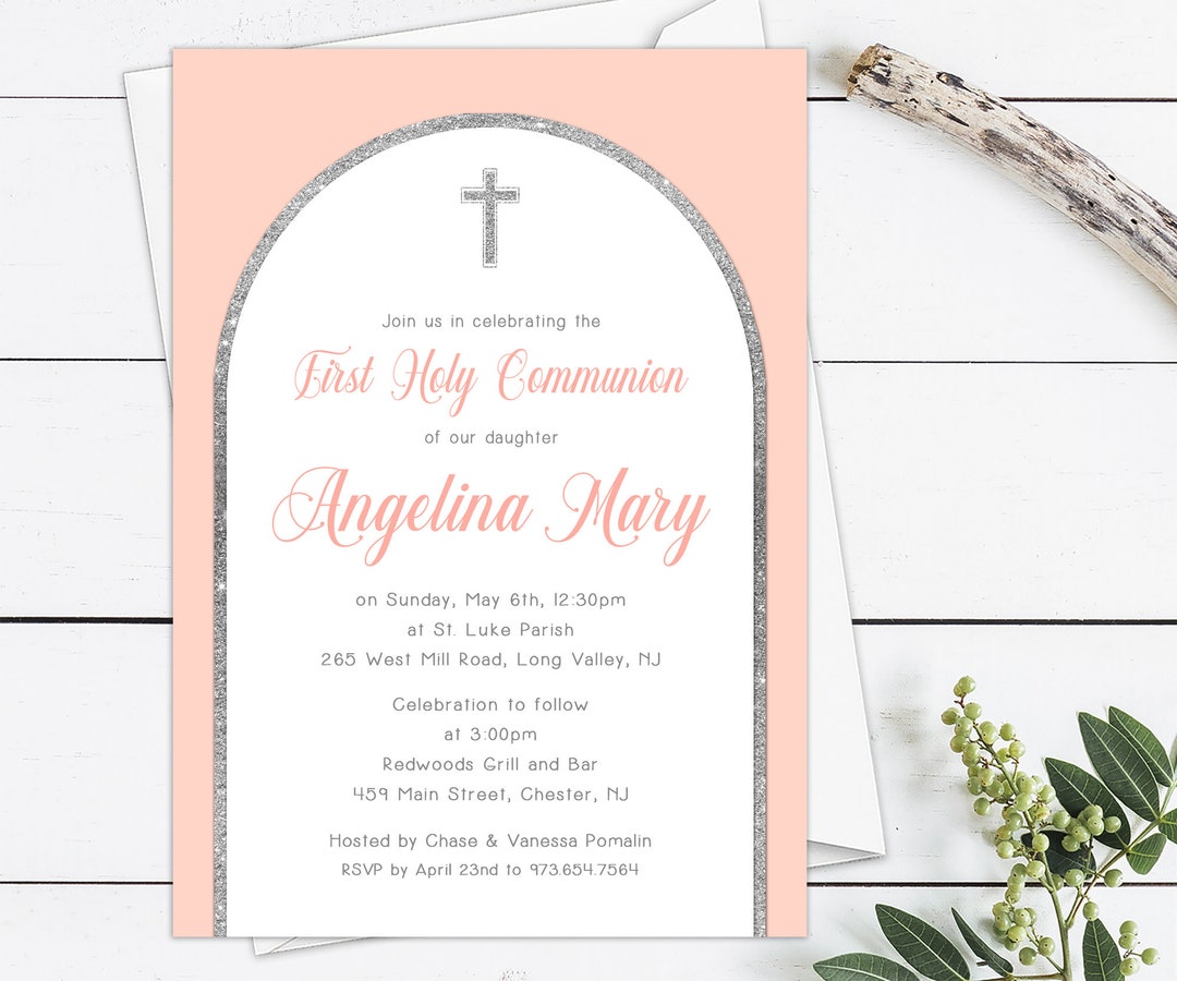 Girl Communion Invitation Blush, Silver 1st Communion Girl Digital