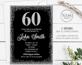 60th Birthday Invitation, Black & Silver Invitation, Silver Sparkle Birthday Invitation, Black and Silver Printable Birthday Invite