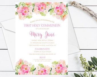 Girls Communion Invitation, Girls First Holy Communion Invitation, Pink Communion Invitation, Communion Printable,  Floral Communion Invite