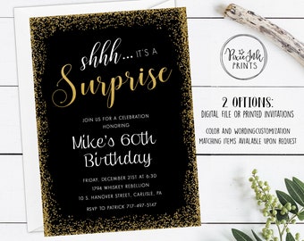 Surprise Birthday Invitation, Black and Gold Birthday Invitation, Shh It's A Surprise Invitation, Milestone Birthday Invitation, Surprise