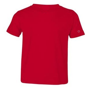 May include: Red short-sleeved t-shirt with a small circle logo on the right sleeve.