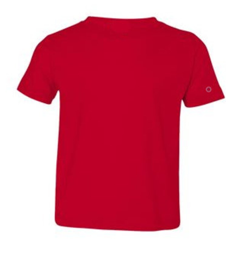 May include: Red short-sleeved t-shirt with a small circle logo on the right sleeve.