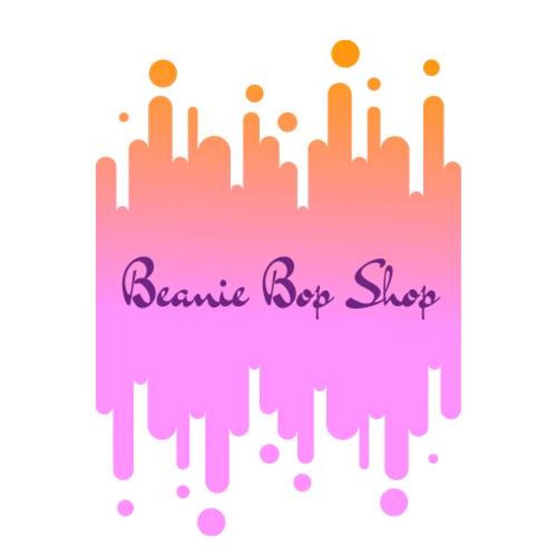 May include: A pink and orange abstract design with the text "Beanie Bop Shop" in purple cursive lettering.