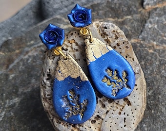 Navy Blue Polymer Clay Dangle Earrings, Rose, Gold Leaf