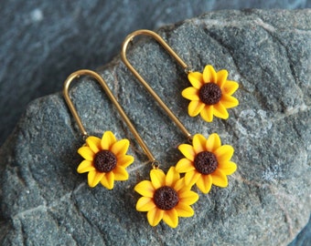 Yellow flower earrings, Polymer clay earrings, Sunflower earrings gold, Dangle earrings clay, Statement earrings women, Unusual earrings