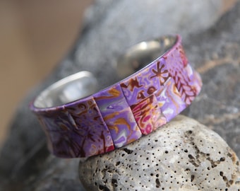 Wide cuff bracelet polymer clay, Bangle bracelets women, Men Handmade cuff purple , Mokume gane