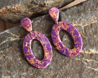 Polymer clay purple earrings/ Oval dangle earrings/ Lightweight earrings /Purple gold/ Hypoallergenic jewelry