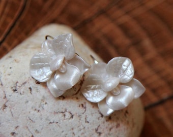 White Pearl Orchid Earrings, Polymer Clay Flower Dangle, Bridal Jewelry