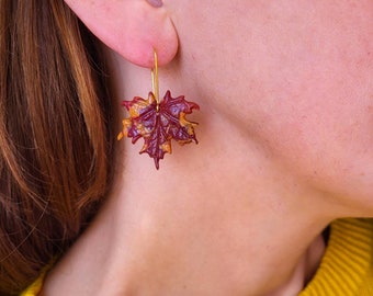 Maple leaf earrings clay/ Dangle earrings leaf/ Botanical earrings polymer clay/ Fall earrings/ Real leaf earrings