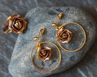 Charm hoop earrings- Rose gold hoop earrings - Floral polymer clay earrings and ring