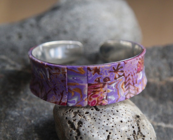 Wide cuff bracelet polymer clay, Bangle bracelets women, Men Handmade cuff  purple Mokume gane