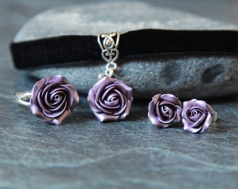 Velvet choker jewelry set , Lilac rose flower necklace , clay earrings, Polymer clay floral ring
