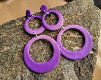 Very long Purple Earrings Polymer clay Earrings dangle Clay hoop earrings Violet Statement earrings Summer jewelry