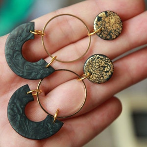 Black gold earrings dangle, Polymer clay earrings, Clay hoop earrings, Ceramic earrings gold hoop, Statement earrings