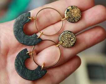 Boucles d'oreilles pendantes noires en pâte polymère, créoles en or, bijoux tendance