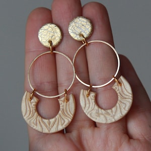 Ivory earrings dangle/ Champagne earrings hoop/ Polymer clay earrings/ Aesthetic earrings clay