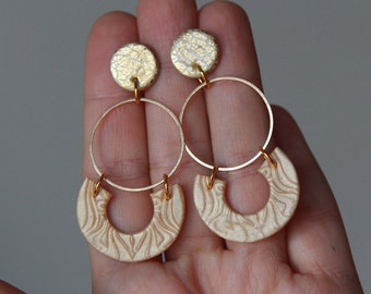 Ivory earrings dangle/ Champagne earrings hoop/ Polymer clay earrings/ Aesthetic earrings clay