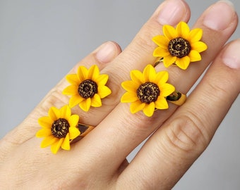 Sunflower ring/ polymer clay ring/ Yellow ring/ Sunflower jewelry/ Double ring women/ Rose gold ring yellow flower/ Full finger ring long