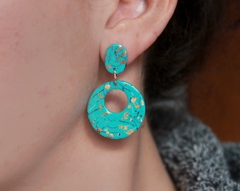 Turquoise earrings gold, Teal earrings, Statement earrings round, Dangle earrings women, Polymer clay earrings light blue, Turquoise gold