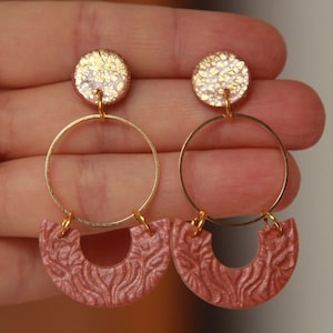 Pink hoop earrings, Polymer clay earring, Stud earrings Gold hoop earrings