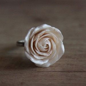 White pearl ring flower - Wedding large rose ring - Sterling silver adjustable ring with rose-Ivory ring